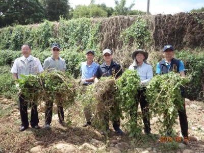 東勢林區管理處蕭崇仁處長(右2).臺中市政府農業局周柏宏主任秘書(中)、議員代表及清水區里民代表親手拔蔓