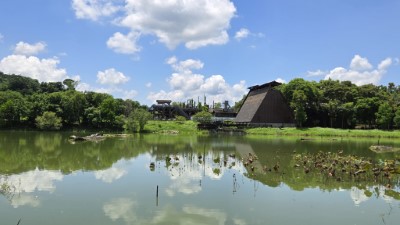 東勢林業文化園區貯木池邊燃料倉倒影